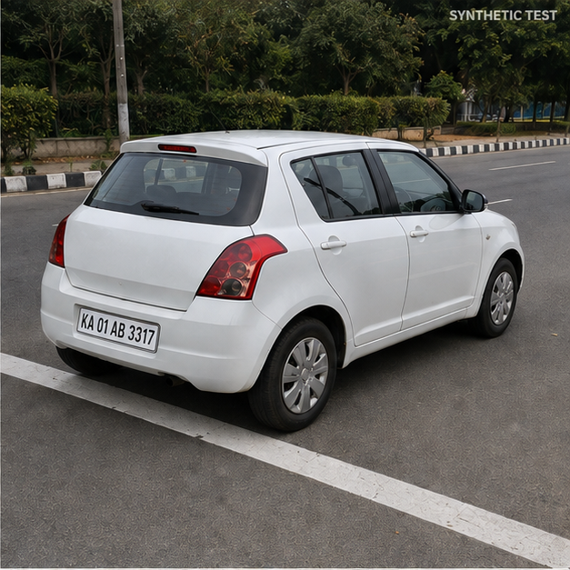 Enlarged original pixels: Synthetic photo of a white hatchback; plate KA01AB3317